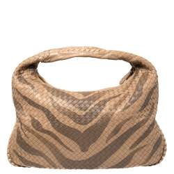 Pre Owned Bottega Veneta Beige Zebra Print Leather and Snakeskin Trim Veneta Hobo 