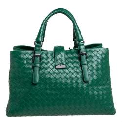 Pre Owned Bottega Veneta Green Intrecciato Leather Small Roma Tote