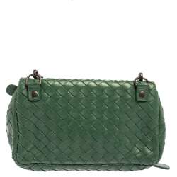 Pre Owned Bottega Veneta Green Intrecciato Leather Flap Chain Crossbody Bag