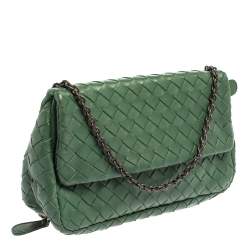 Pre Owned Bottega Veneta Green Intrecciato Leather Flap Chain Crossbody Bag