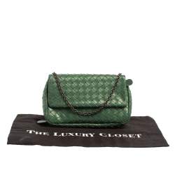 Pre Owned Bottega Veneta Green Intrecciato Leather Flap Chain Crossbody Bag