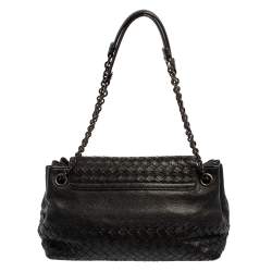 Pre Owned Bottega Veneta Black Intrecciato Leather Flap Shoulder Bag