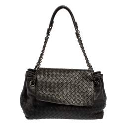 Pre Owned Bottega Veneta Black Intrecciato Leather Flap Shoulder Bag