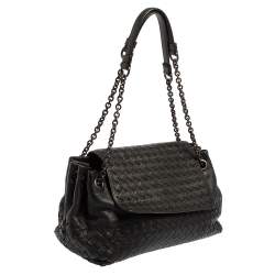 Pre Owned Bottega Veneta Black Intrecciato Leather Flap Shoulder Bag