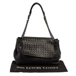 Pre Owned Bottega Veneta Black Intrecciato Leather Flap Shoulder Bag