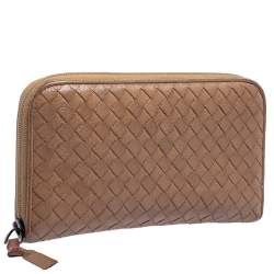 Pre Owned Bottega Veneta Tan Intrecciato Leather Zip Around Wallet