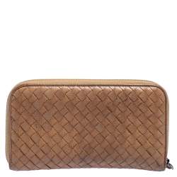 Pre Owned Bottega Veneta Tan Intrecciato Leather Zip Around Wallet