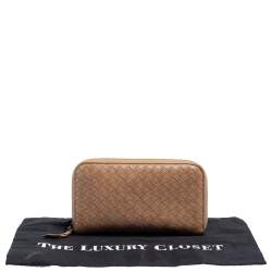 Pre Owned Bottega Veneta Tan Intrecciato Leather Zip Around Wallet