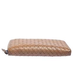 Pre Owned Bottega Veneta Tan Intrecciato Leather Zip Around Wallet