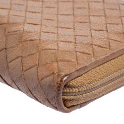 Pre Owned Bottega Veneta Tan Intrecciato Leather Zip Around Wallet