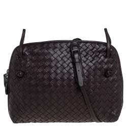 Pre Owned Bottega Veneta Dark Brown Intrecciato Leather Nodini Crossbody Bag