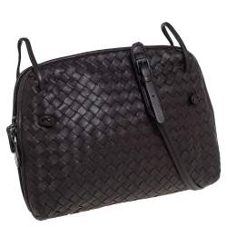 Pre Owned Bottega Veneta Dark Brown Intrecciato Leather Nodini Crossbody Bag
