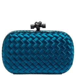 Pre Owned Bottega Veneta Blue Satin and Snakeskin Trim Knot Clutch