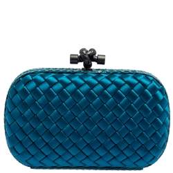 Pre Owned Bottega Veneta Blue Satin and Snakeskin Trim Knot Clutch