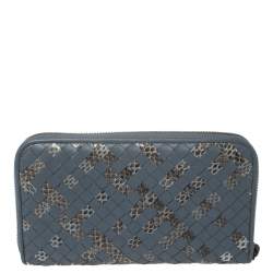 Pre Owned Bottega Veneta Blue Intrecciato Leather and Snakeskin Zip Around Wallet