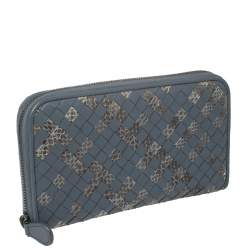 Pre Owned Bottega Veneta Blue Intrecciato Leather and Snakeskin Zip Around Wallet