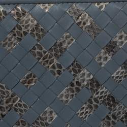 Pre Owned Bottega Veneta Blue Intrecciato Leather and Snakeskin Zip Around Wallet