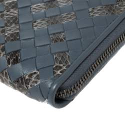 Pre Owned Bottega Veneta Blue Intrecciato Leather and Snakeskin Zip Around Wallet