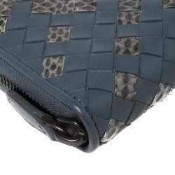 Pre Owned Bottega Veneta Blue Intrecciato Leather and Snakeskin Zip Around Wallet