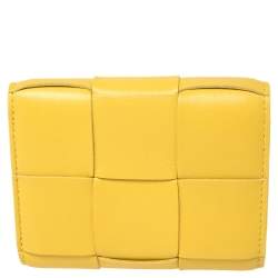Pre Owned Bottega Veneta Yellow Maxi Intrecciato Leather Trifold Wallet