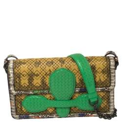 Pre Owned Bottega Veneta Yellow Leather and Python Irish Madras Shoulder Bag