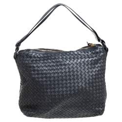 Pre Owned Bottega Veneta Black Intrecciato Leather Zipped Hobo