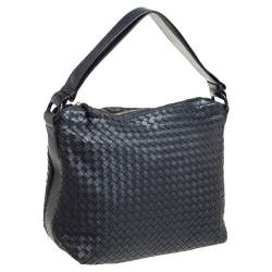 Pre Owned Bottega Veneta Black Intrecciato Leather Zipped Hobo