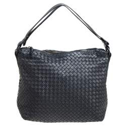 Pre Owned Bottega Veneta Black Intrecciato Leather Zipped Hobo