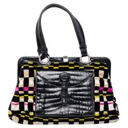 Pre Owned Bottega Veneta Multicolor Croc Embossed Leather And Fabric Frame Satchel