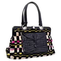 Pre Owned Bottega Veneta Multicolor Croc Embossed Leather And Fabric Frame Satchel