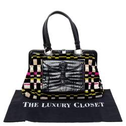 Pre Owned Bottega Veneta Multicolor Croc Embossed Leather And Fabric Frame Satchel