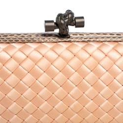 Pre Owned Bottega Veneta Peach Intrecciato Satin and Python Trim Knot Clutch