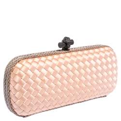 Pre Owned Bottega Veneta Peach Intrecciato Satin and Python Trim Knot Clutch