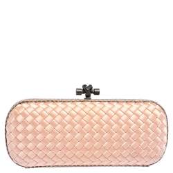 Pre Owned Bottega Veneta Peach Intrecciato Satin and Python Trim Knot Clutch