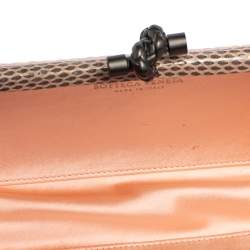 Pre Owned Bottega Veneta Peach Intrecciato Satin and Python Trim Knot Clutch