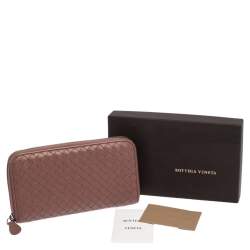 Pre Owned Bottega Veneta Old Rose Intrecciato Leather Zip Around Wallet