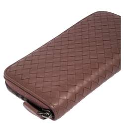 Pre Owned Bottega Veneta Old Rose Intrecciato Leather Zip Around Wallet