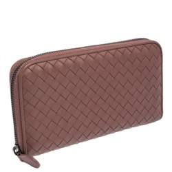 Pre Owned Bottega Veneta Old Rose Intrecciato Leather Zip Around Wallet
