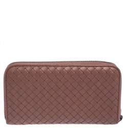 Pre Owned Bottega Veneta Old Rose Intrecciato Leather Zip Around Wallet