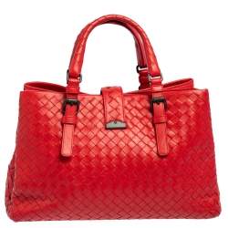 Pre Owned Bottega Veneta Red Leather Medium Roma Tote