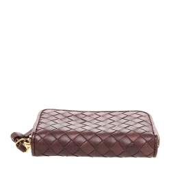 Pre Owned Bottega Veneta Brown Intrecciato Leather Zip Around Wallet