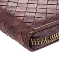 Pre Owned Bottega Veneta Brown Intrecciato Leather Zip Around Wallet