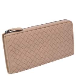 Pre Owned Bottega Veneta Beige Intrecciato Leather Half Zip Around Wallet