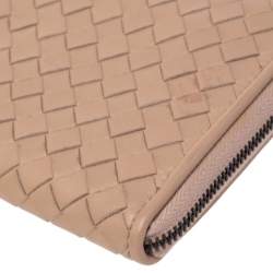 Pre Owned Bottega Veneta Beige Intrecciato Leather Half Zip Around Wallet