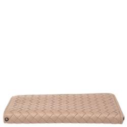 Pre Owned Bottega Veneta Beige Intrecciato Leather Half Zip Around Wallet