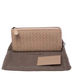 Pre Owned Bottega Veneta Beige Intrecciato Leather Half Zip Around Wallet