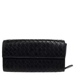 Pre Owned Bottega Veneta Black Intrecciato Leather Flap Continental Wallet