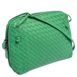 Pre Owned Bottega Veneta Green Intrecciato Leather Nodini Crossbody Bag