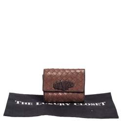 Pre Owned Bottega Veneta Brown Intrecciato Leather and Snakeskin Trifold Wallet