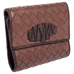 Pre Owned Bottega Veneta Brown Intrecciato Leather and Snakeskin Trifold Wallet